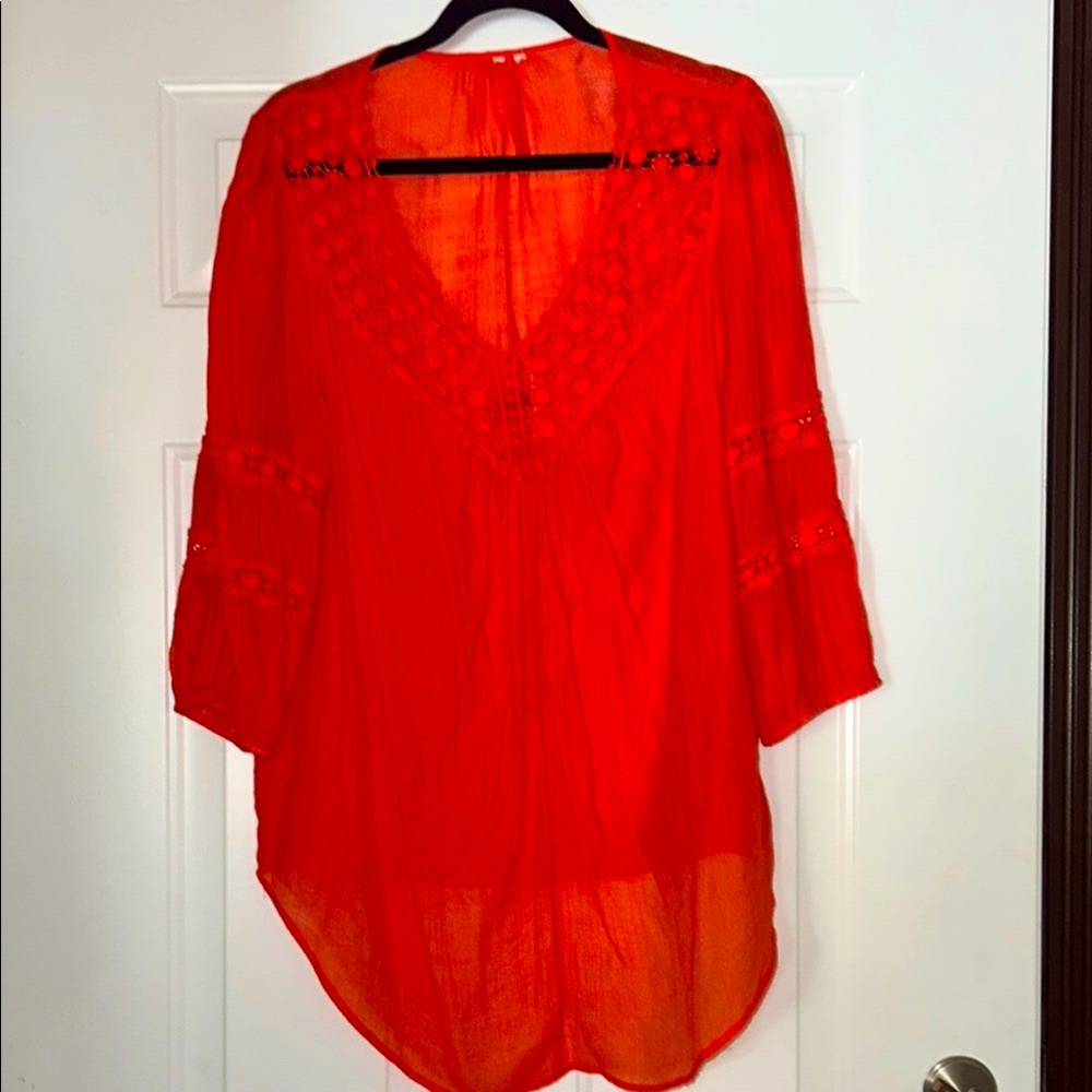 Grand & Greene Lace Sheer Tunic Top 1X Women's Orange Crochet Swim V-Neck Beach